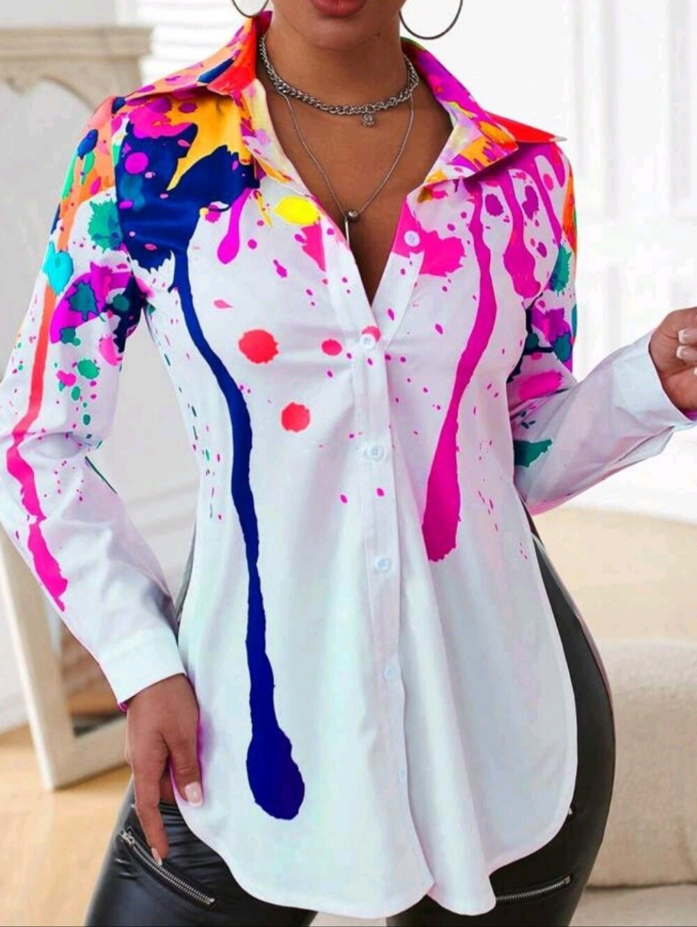 Abstract Paint-Splash Button-Down Shirt - White with Multicolor Splatter